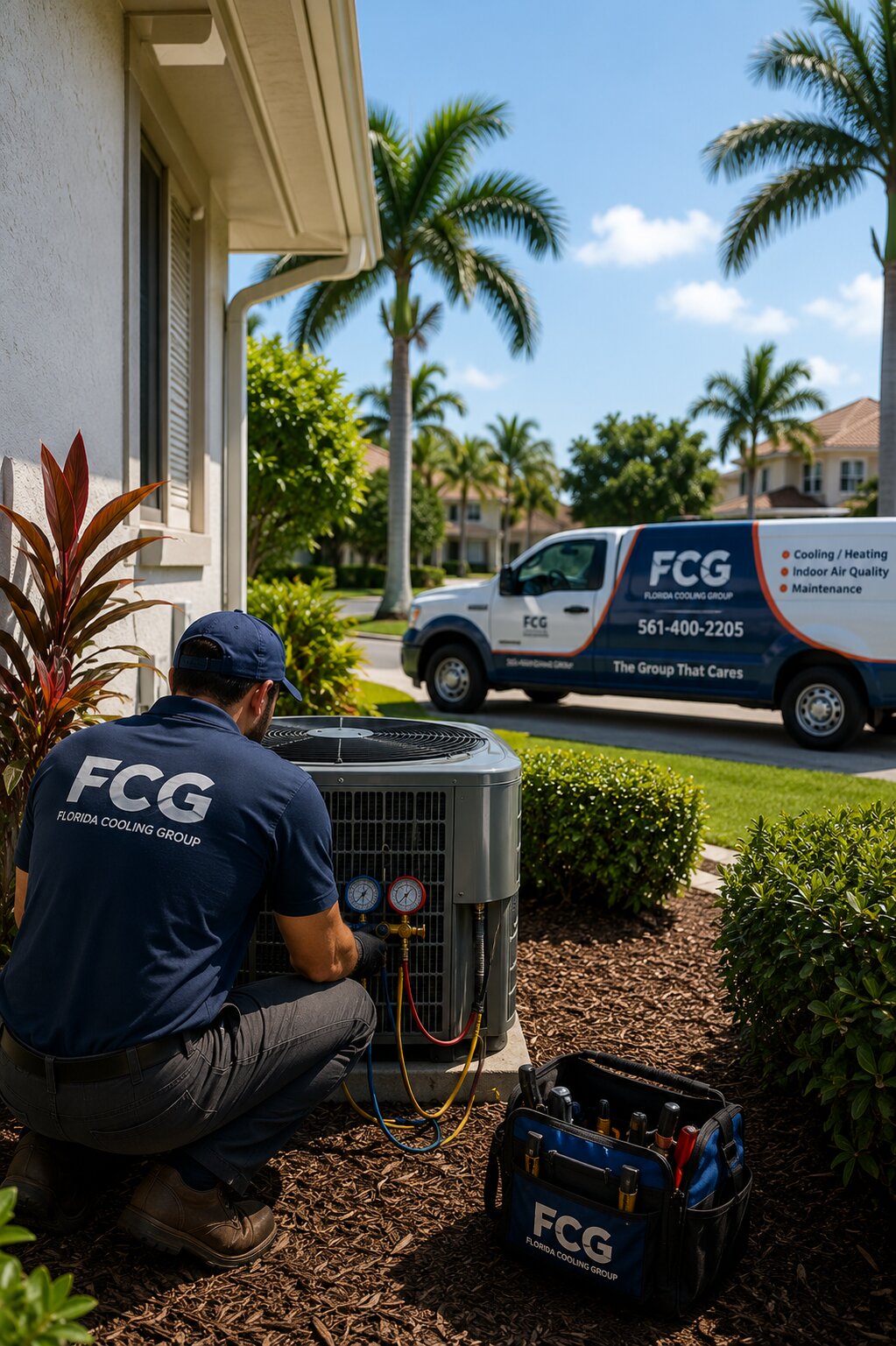 Florida Cooling Group technician diagnosing an outdoor air conditioning unit at a home in Delray Beach, FL.